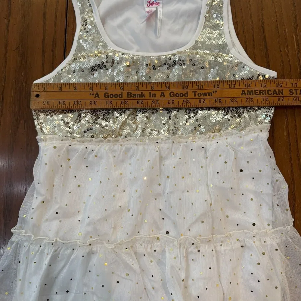 Justice Sequin Tiered Tank Top Ivory Gold Glitter Fairycore Party Size 18